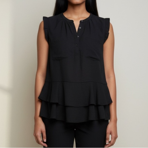 Wesc Tops - Sheer Chiffon Black Ruffled Sleeveless Blouse